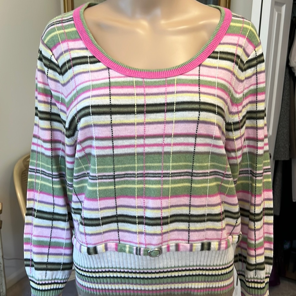 Sigrid Olsen Sweater Silk/Cotton, Belt Detail, Pastels, Fine Knit, Polished, XL